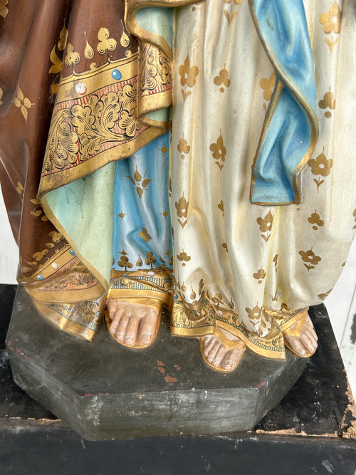 St. Anne Die Erziehung Der Jungfrau Maria - Große Skulptur Aus Terrakotta Polychrom H 120