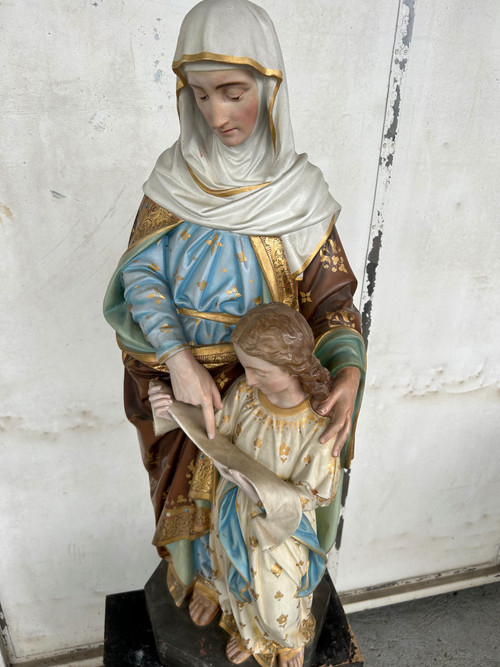 St. Anne Die Erziehung Der Jungfrau Maria - Große Skulptur Aus Terrakotta Polychrom H 120