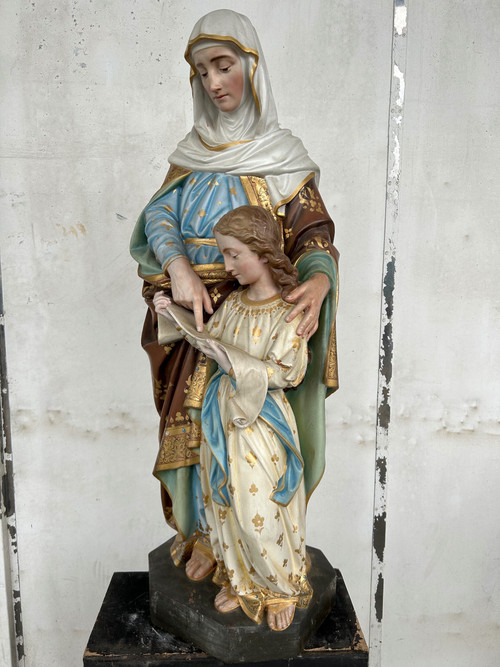 St. Anne Die Erziehung Der Jungfrau Maria - Große Skulptur Aus Terrakotta Polychrom H 120