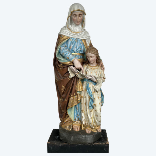 St. Anne Die Erziehung Der Jungfrau Maria - Große Skulptur Aus Terrakotta Polychrom H 120