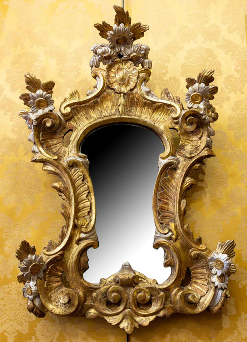 Large gorgeous Italian mid-18th-century carved gilded and silvered wood mirror