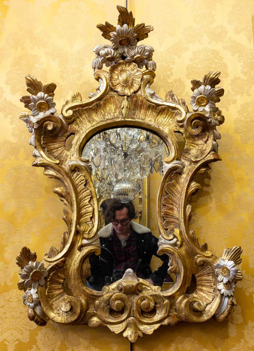 Large gorgeous Italian mid-18th-century carved gilded and silvered wood mirror