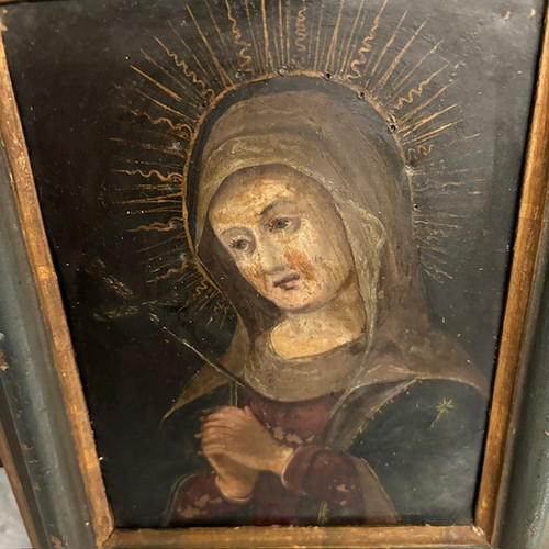 Ancienne peinture à l'huile sur cuivre Notre Dame des Douleurs du 17ème siècle, format 25 x 20