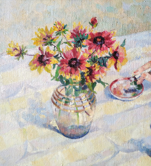  Oil Painting Still Life Flowers Cigarette Ashtray Mid Century Tabacology Mid Century