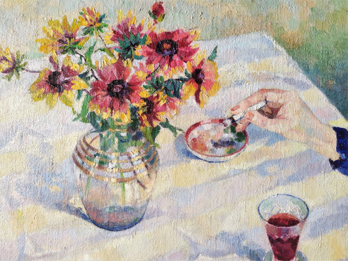  Oil Painting Still Life Flowers Cigarette Ashtray Mid Century Tabacology Mid Century