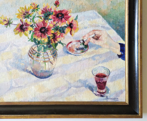  Oil Painting Still Life Flowers Cigarette Ashtray Mid Century Tabacology Mid Century