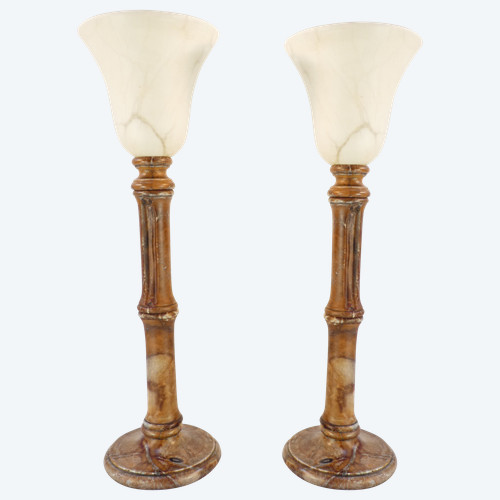 Pair of vintage lamps in natural stone and alabaster, PEGASAM style