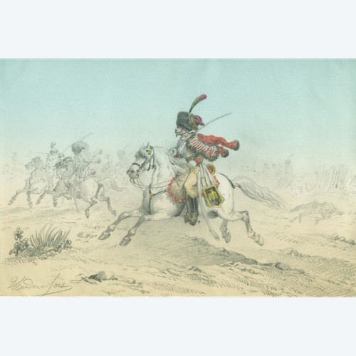 Theodore FORT (1810-1896) Cavalry Charge - Pencil and Gouache Drawing