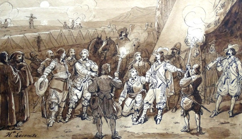  Disegno originale di Hippolyte LECOMTE (1781-1857) Dartagnan in visita ad un accampamento di soldati 