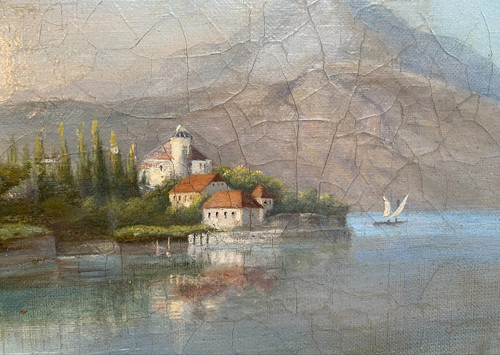 View of the Castle on Lake Bourget oil on canvas well framed 19th century by L Leingt