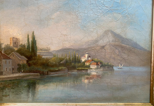 View of the Castle on Lake Bourget oil on canvas well framed 19th century by L Leingt