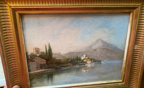 View of the Castle on Lake Bourget oil on canvas well framed 19th century by L Leingt