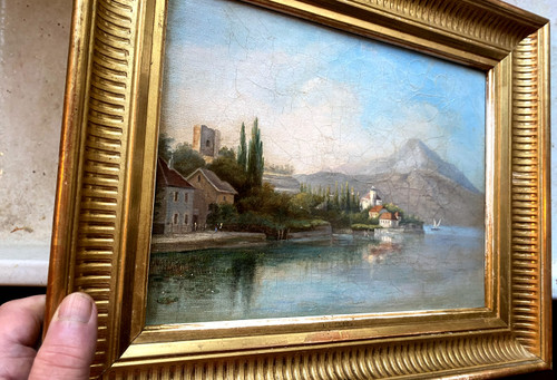 View of the Castle on Lake Bourget oil on canvas well framed 19th century by L Leingt