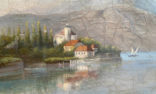 View of the Castle on Lake Bourget oil on canvas well framed 19th century by L Leingt