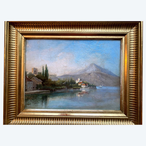 View of the Castle on Lake Bourget oil on canvas well framed 19th century by L Leingt