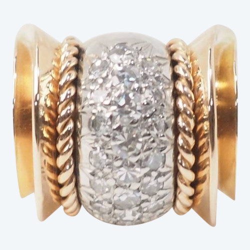 Tank ring in yellow gold and platinum, diamonds