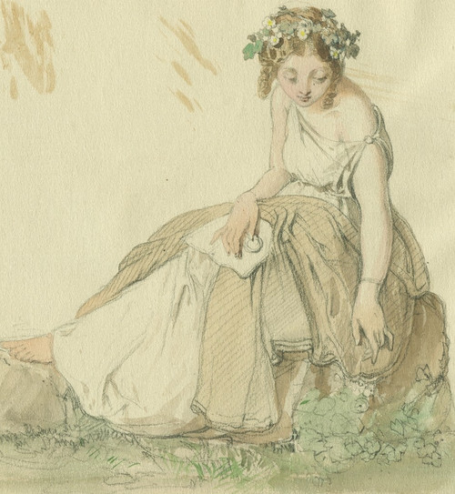 Allégorie De La Botanique - Portrait De Femme - Dessin Original Ancien 