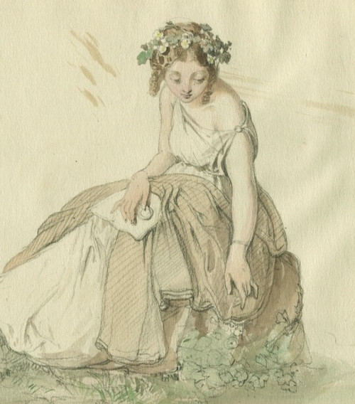 Allégorie De La Botanique - Portrait De Femme - Dessin Original Ancien 