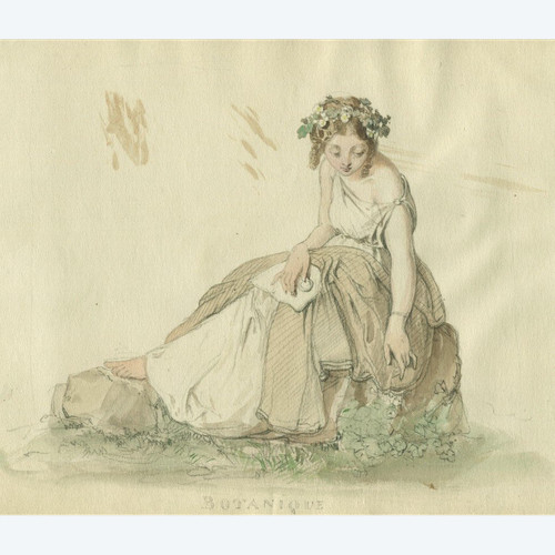 Allégorie De La Botanique - Portrait De Femme - Dessin Original Ancien 