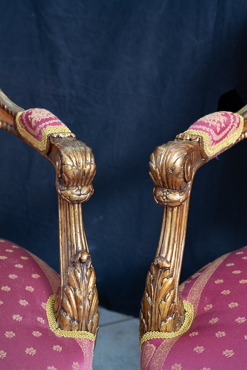 Pair of Napoleon III armchairs in gilded and carved wood. France 19th century.