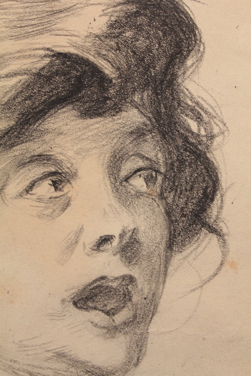 Charcoal drawing with round view 'La Surprise' Louis Malteste (1862-1928)