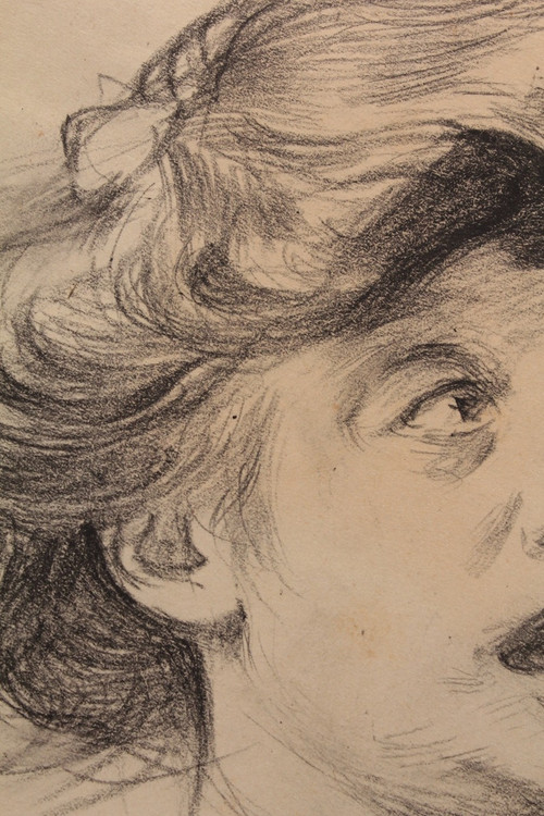 Charcoal drawing with round view 'La Surprise' Louis Malteste (1862-1928)