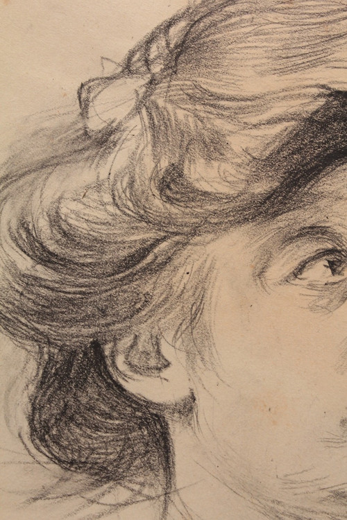 Charcoal drawing with round view 'La Surprise' Louis Malteste (1862-1928)