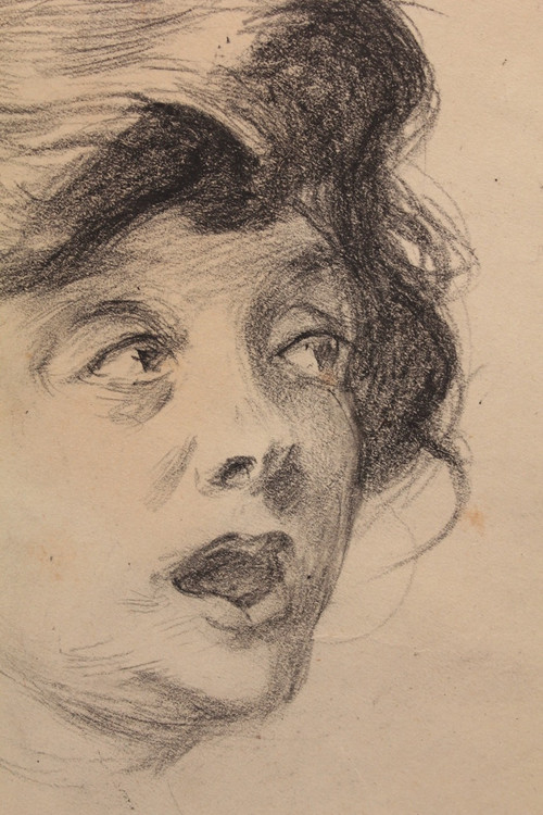 Charcoal drawing with round view 'La Surprise' Louis Malteste (1862-1928)