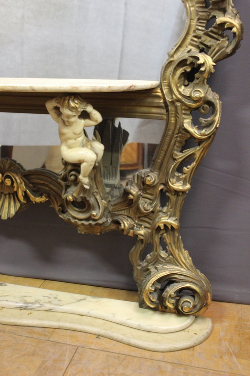 Très Grand Miroir Et Console Rococo Italien Vers 1950