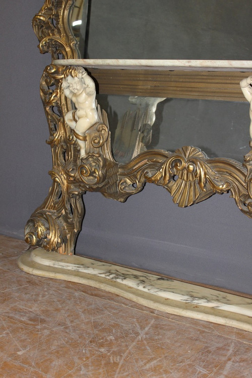 Très Grand Miroir Et Console Rococo Italien Vers 1950