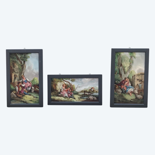 Set of three 19th century earthenware paintings