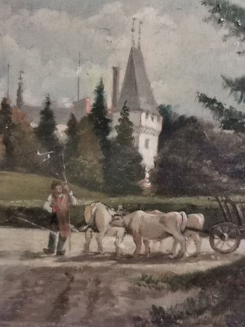 oil on wood, ox team in front of a castle by P Rondé