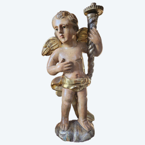 Trocheres Door In Polychrome Carved Wood Of An Angel Holding A Cornucopia