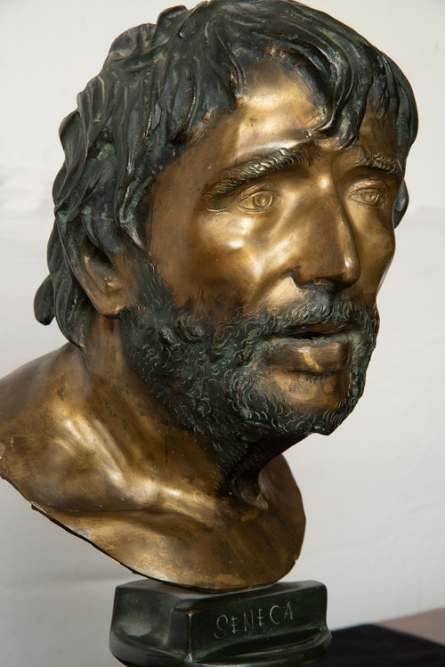 Antike Bronzeskulptur, die den Kopf des Philosophen Seneca darstellt. Neapel 20. Jahrhundert.