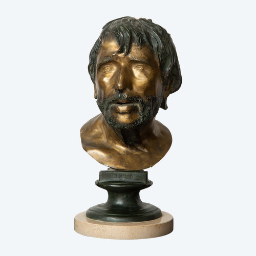 Antike Bronzeskulptur, die den Kopf des Philosophen Seneca darstellt. Neapel 20. Jahrhundert.