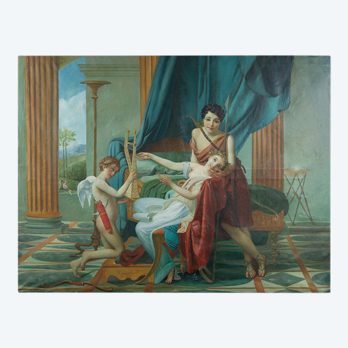 Old Oil Painting On Canvas Representing A Neoclassical Scene. France 20th Century