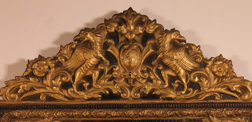 Mirror With Sculpted Coper And Ebony Wood Decoration - Early 19th Century