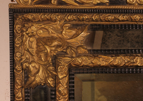 Mirror With Sculpted Coper And Ebony Wood Decoration - Early 19th Century