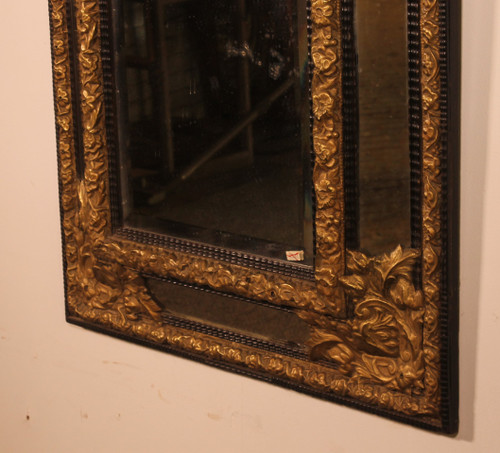 Mirror With Sculpted Coper And Ebony Wood Decoration - Early 19th Century