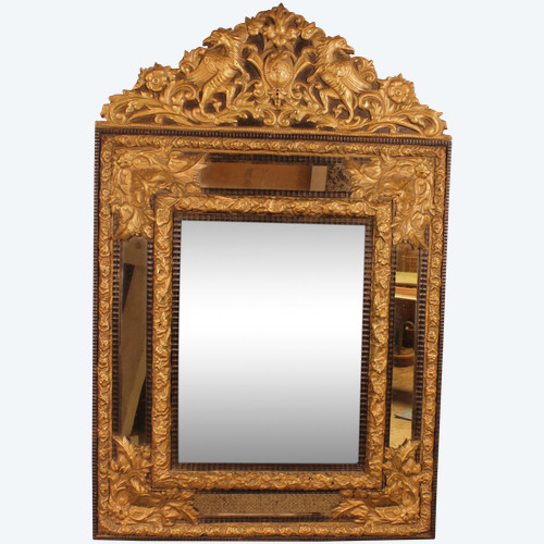 Mirror With Sculpted Coper And Ebony Wood Decoration - Early 19th Century