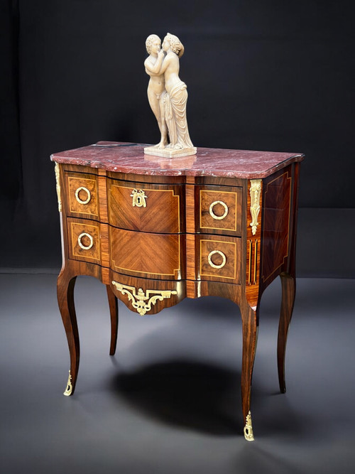 ANTIQUE 19TH CENTURY MARQUETRY CHEST OF DRAWERS WITH TRANSITION STYLE MARBLE TOP