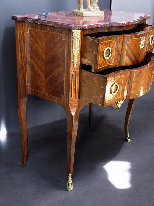 ANTIQUE 19TH CENTURY MARQUETRY CHEST OF DRAWERS WITH TRANSITION STYLE MARBLE TOP