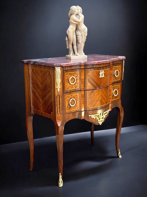 ANTIQUE 19TH CENTURY MARQUETRY CHEST OF DRAWERS WITH TRANSITION STYLE MARBLE TOP