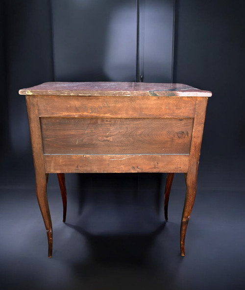 ANTIQUE 19TH CENTURY MARQUETRY CHEST OF DRAWERS WITH TRANSITION STYLE MARBLE TOP