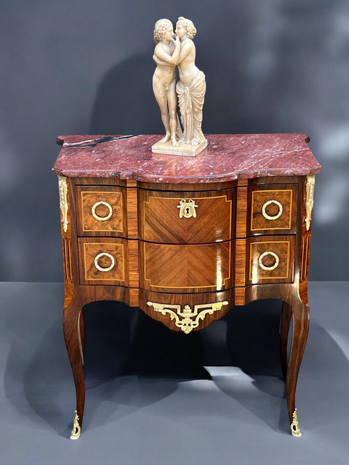 ANTIQUE 19TH CENTURY MARQUETRY CHEST OF DRAWERS WITH TRANSITION STYLE MARBLE TOP