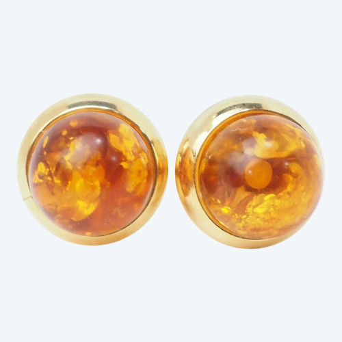 Yellow Gold and Amber Cabochon Earrings