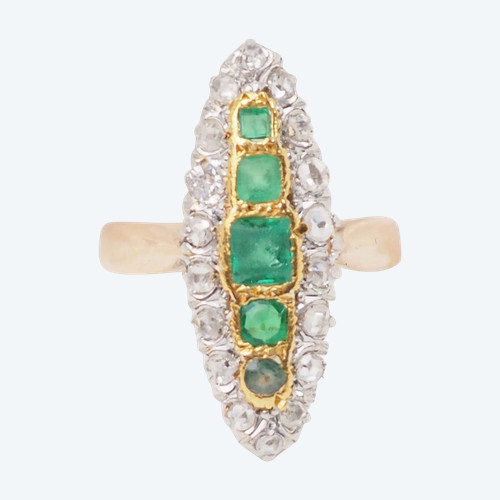 Marquise Ring in Yellow Gold, Emeralds and Roses