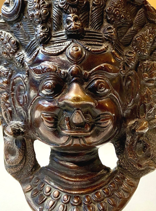 Nepal, First Half of the 20th Century, Bronze Mask of Durga in Her Wrathful Form.