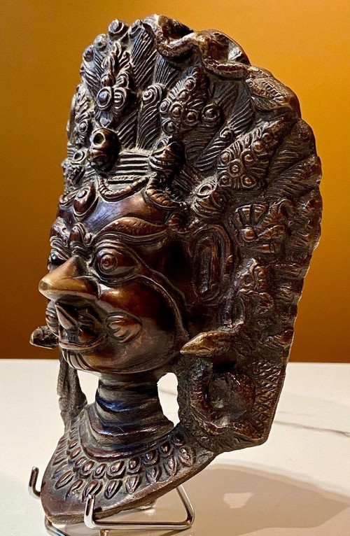 Nepal, First Half of the 20th Century, Bronze Mask of Durga in Her Wrathful Form.