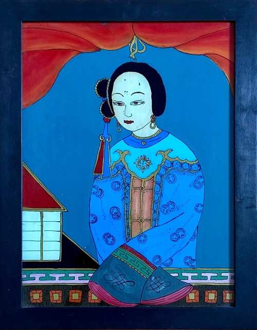 China, 1920s, Glass Painting Depicting a Court Lady in Traditional Dress